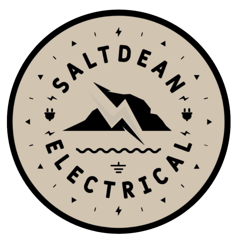 Saltdean Electrical badge: the Saltdean cliffs above a wave line, in a black ring